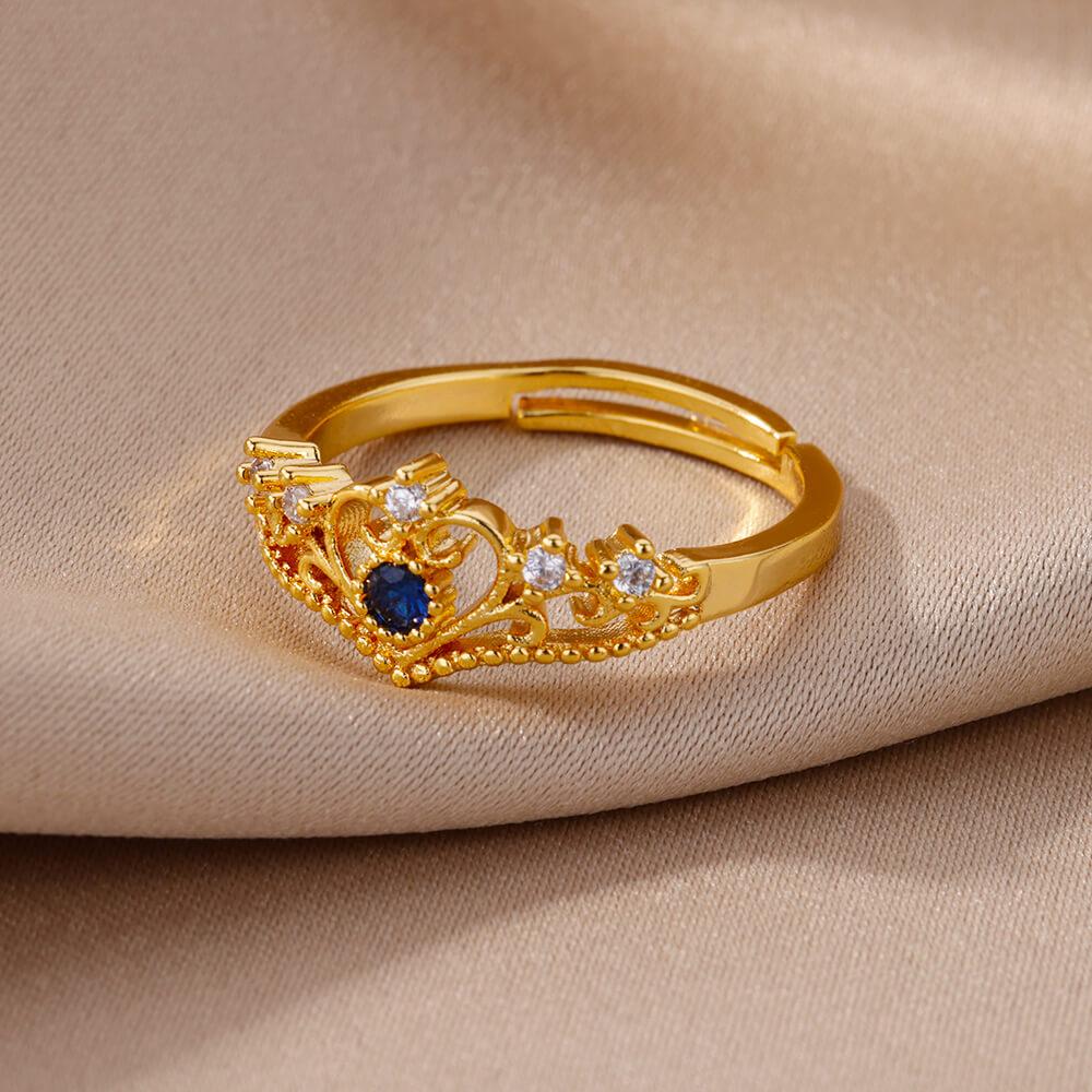 Blue Zircon Crown Rings For Women Stainless Steel Gold Color Adjustable Crown Ring Trend Design Female Wedding Jewerly Gift