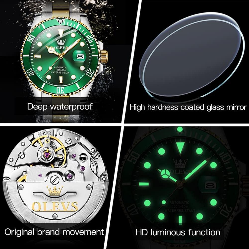 OLEVS Men's Mechanical Automatic Watch G6650 Waterproof Luminous Date Stainless Steel Green and Gold