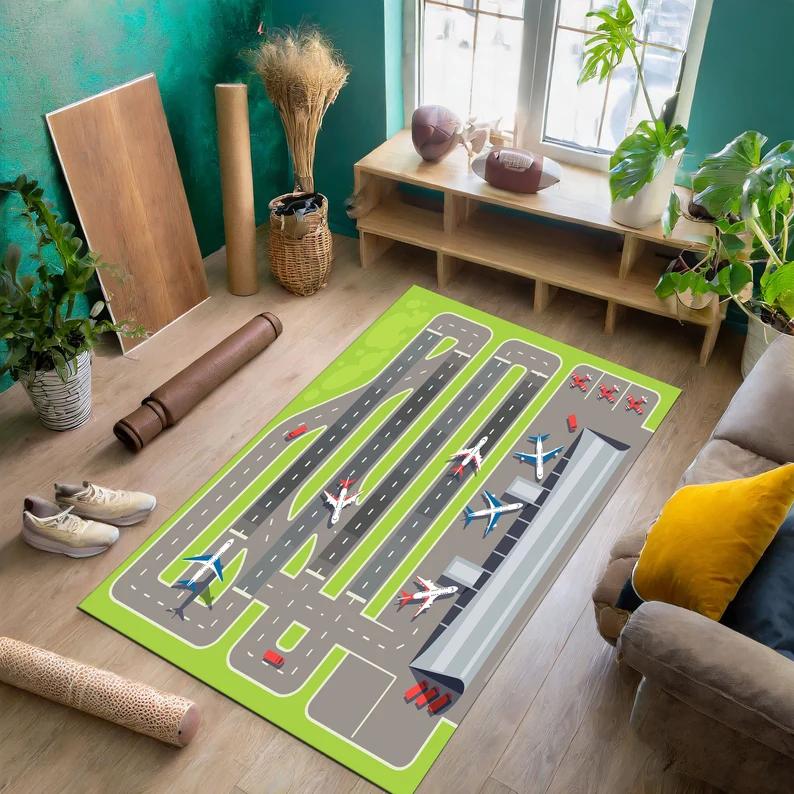 Kids Airport Runway Play Rug Cartoon Plane Print NonSlip Washable Floor Mat for Toddlers Playroom Nursery Airplane Toy Gift