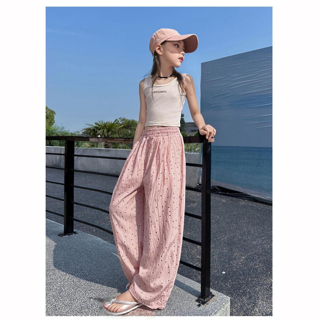 Dziewczęce Dziecięce Letnie Spodnie z Polka Dot Proste Nogi Dziecięce Spodnie Odporne na Komary Moda Cienkie Oddychające Dziecięce Szerokie Casualowe Spodnie