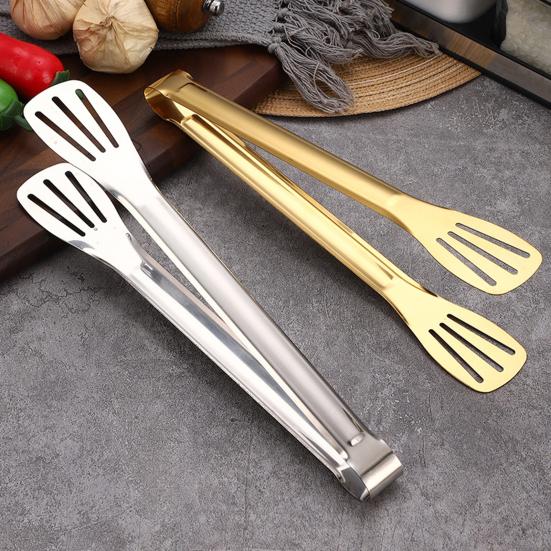 Stainless Steel Food Tongs Heat-Resistant Serving Tongs for BBQ Buffet Non-Slip Handle Food Clamp with Oil-Draining Holes