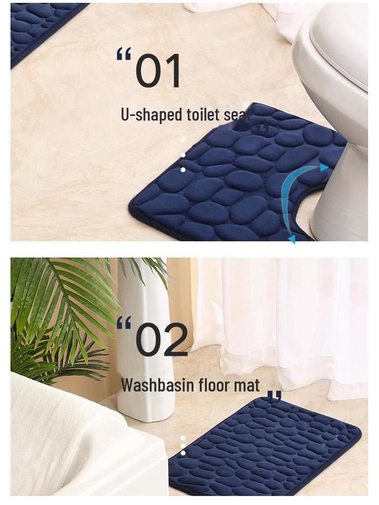 Dreiteiliges Badezimmermatten-Set mit Kieselsteinen für eine rutschfeste, saugfähige und stilvolle Badezimmerdekoration.