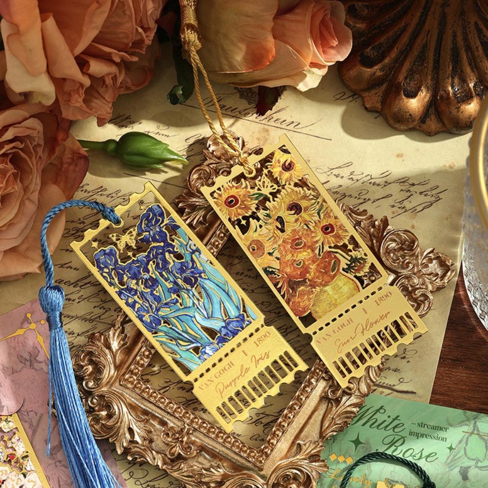 Retro Metal Metal Bookmark Oil Painting Style Famous Painting Floral Painting Bookmark Tassels Stationery Book Clip Teacher