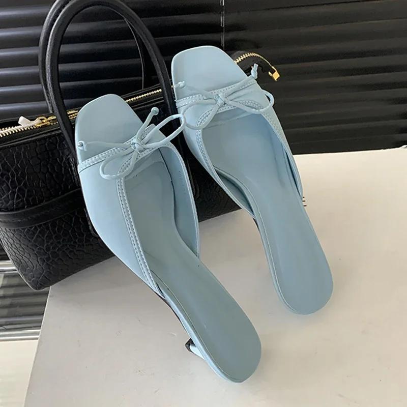 Summer Design Style Square Toe Women Slippers Fashion Butterfly-knot Low Heels Shoes Zapatos De Mujer