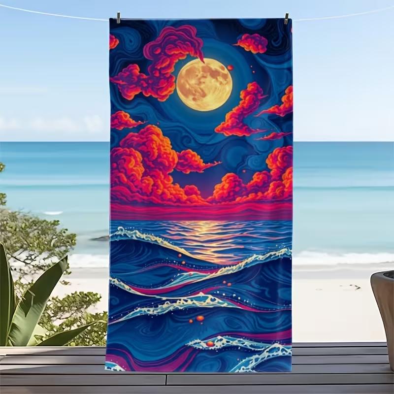 Japanese Illustration Style Ocean Wave Sunset Print Beach Towel Quick Dry Sand-Free Absorbent Beach Blanket for Summer Vacation