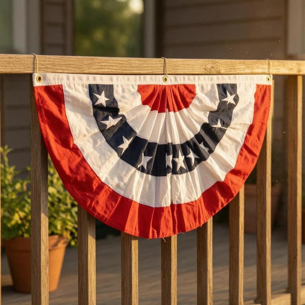 Half-Round Fan Banner Ruffled Patriotic Star Pattern for Porch, Fence