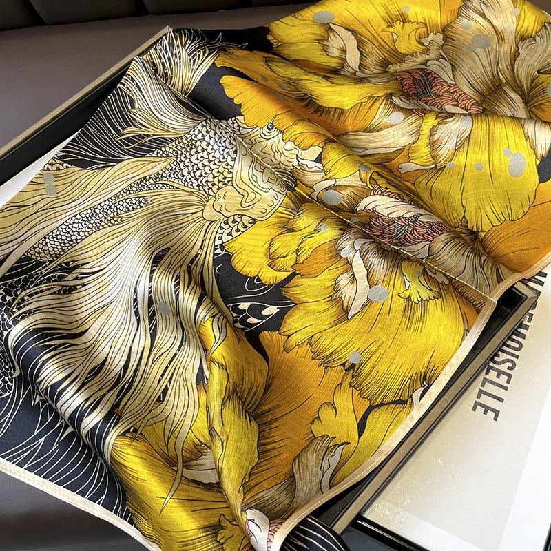 Peony Koi Mulberry Silk Scarf Female Spring And Autumn Foreign Style Versatile 70 Chinese Square Scarf Silk Scarf Decoration