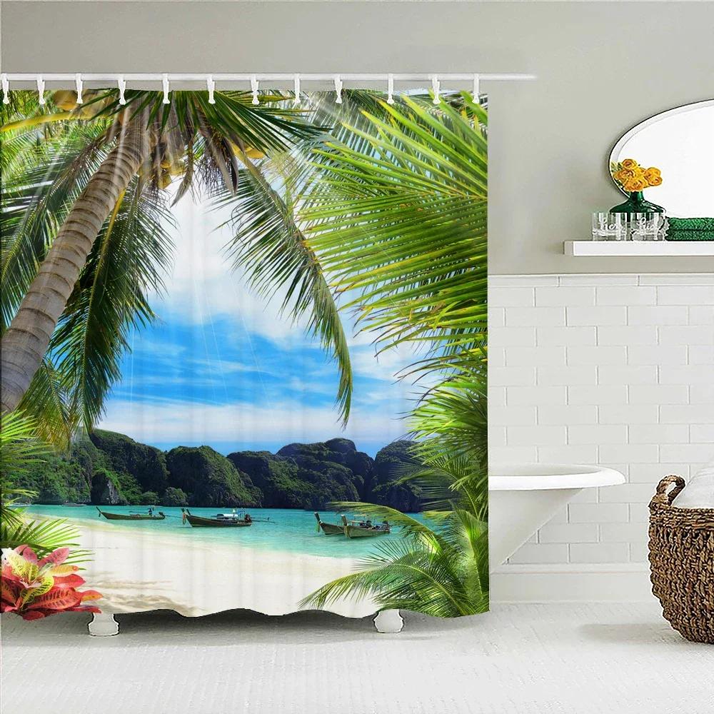 Seaside Scenery 3d Printed Polyester Shower Curtain Wooden Bridge Nature Fabric Waterproof Bathroom Curtain for Bathtub
