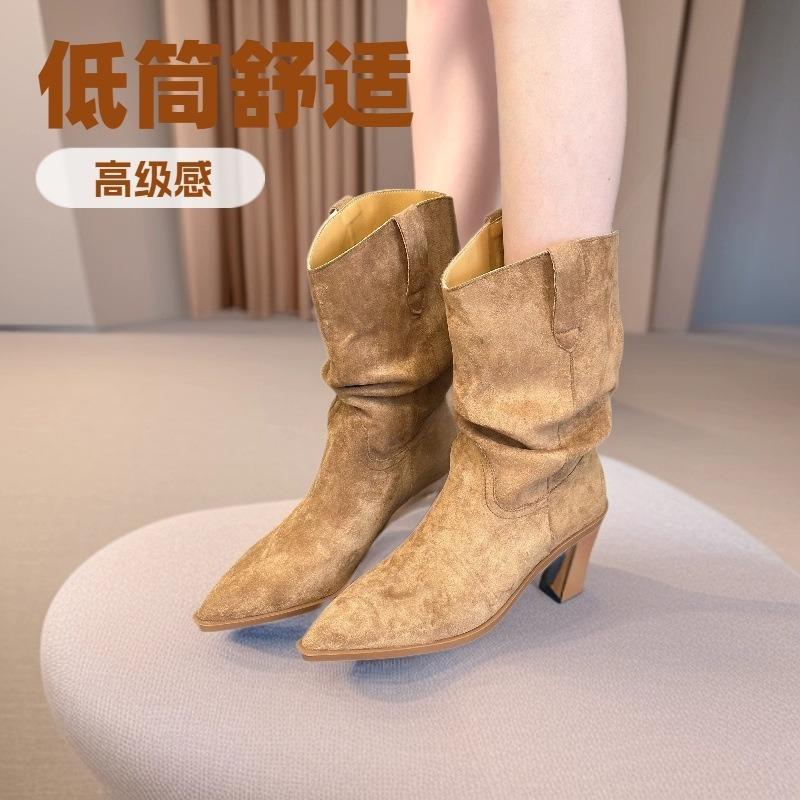 Coarse Heel Pleated Pile Boots Medium Tube Knight Boots Women's 2025 Autumn and Winter New Western Thin Thin Knight Boots