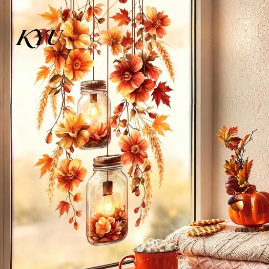 Autumn Theme Party Supplies Fall Thanksgiving Static Window Clings, Pumpkin Maple Leaf Floral Glass Reusable Stickers Decals, Removable Harvest Season
