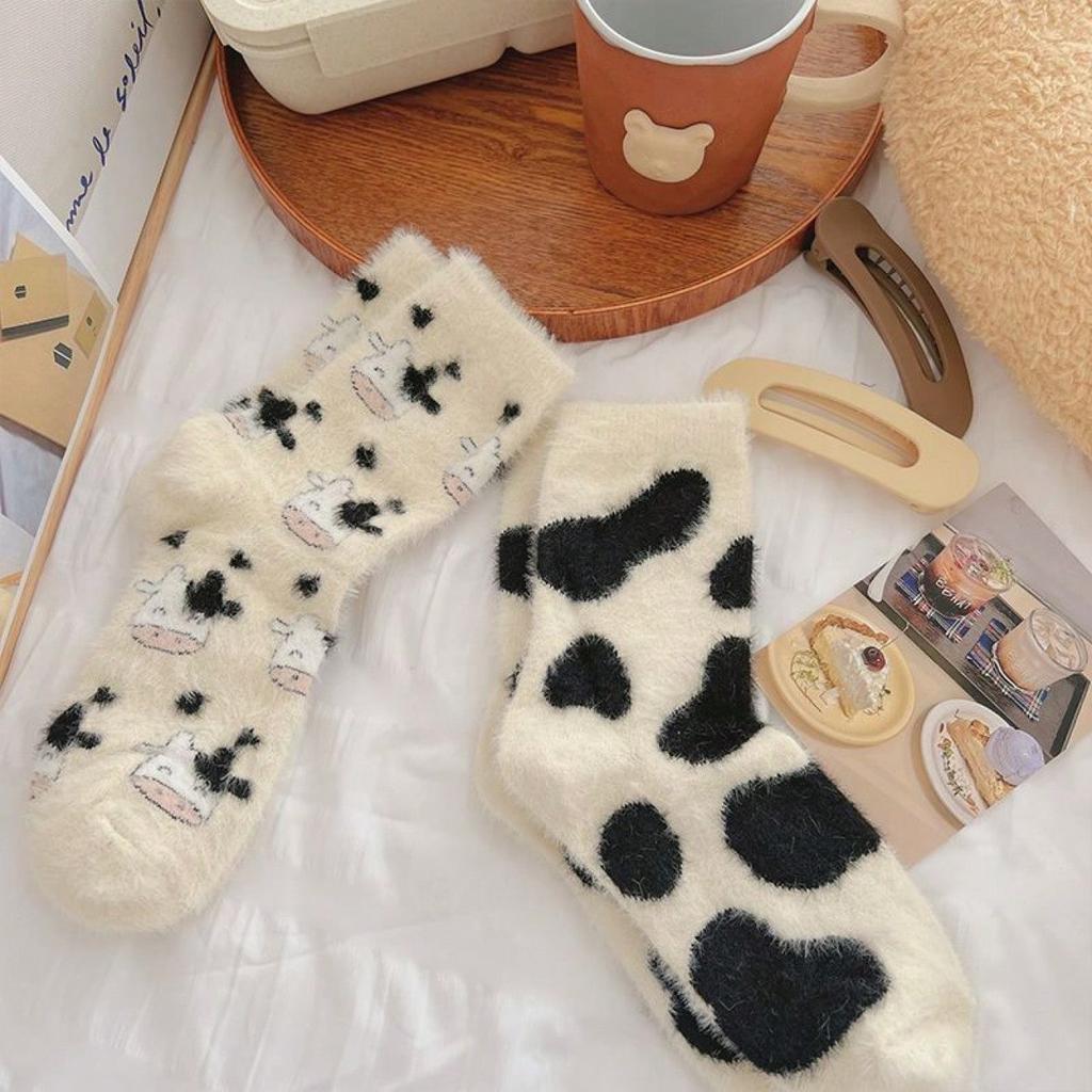 3 Pairs Cute Cow Spots Print Socks, Thickened & Warm Coral Fleece Socks, Women's Stockings & Hosiery