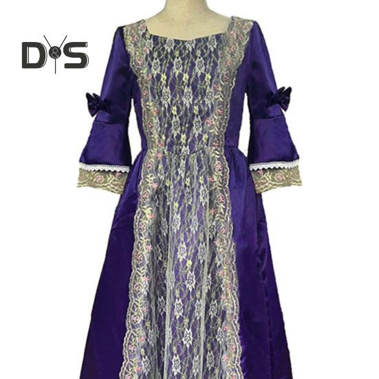 Women Performance Dress Stage Show Retro Royal Style Lace Bow Decor Bell Sleeve Patchwork A-line Hallowen Party Carnival Evening Dress Ball Gown