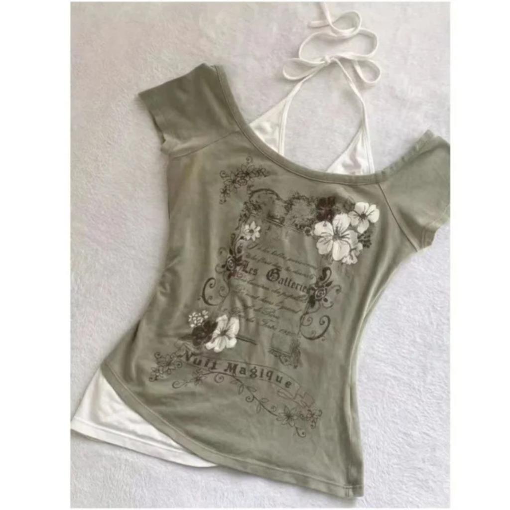 TrendHub American Vintage T Shirts Retro Grunge Letter Flower Print Crop Tops Y2k Summer T Shirts Fashion Streetwear Halter Harajuku Tees