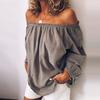 Women Blouse Pleated Off Shoulder Autumn Winter Solid Color Long Sleeve Top for Party