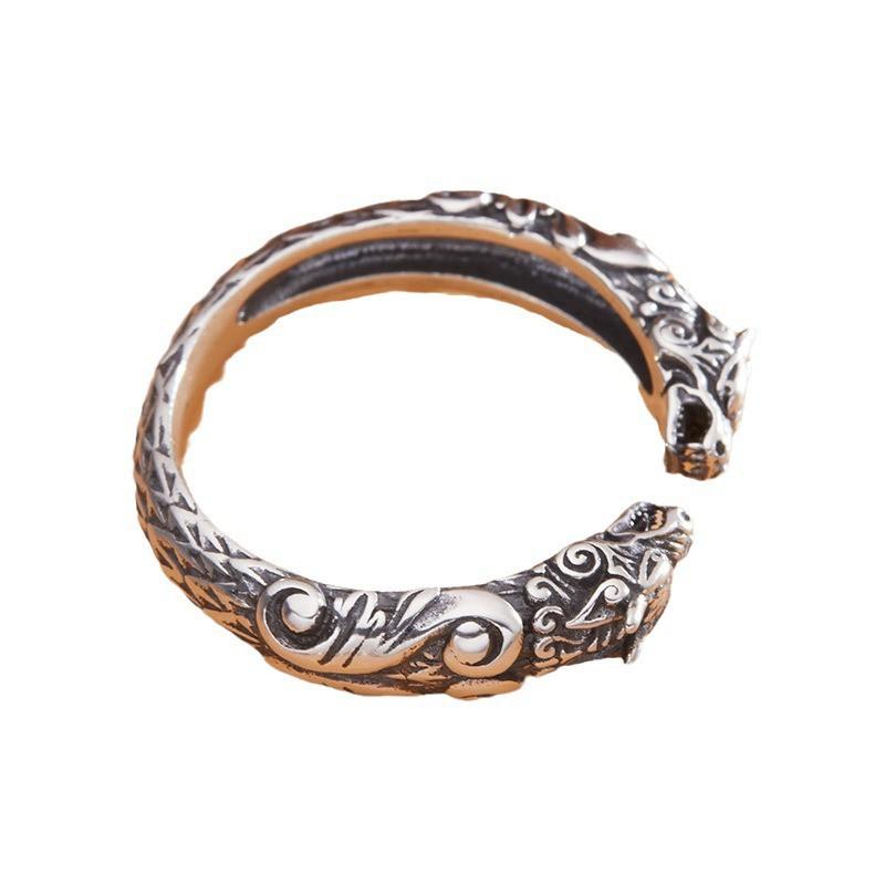 Adjustable Open Ring With Dual Dragon Motif Vintage Style Plated Men Women Fashion Jewelry Of