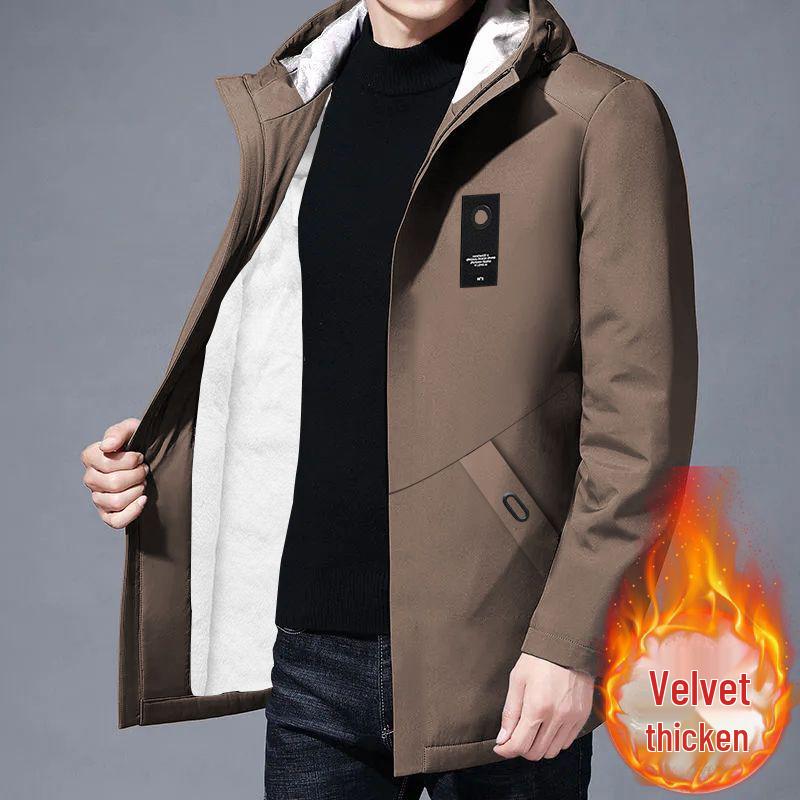 2025 Men’s Mid-Length Fleece-Lined Trench Coat – Trendy, Casual, and Warm for Autumn/Winter.