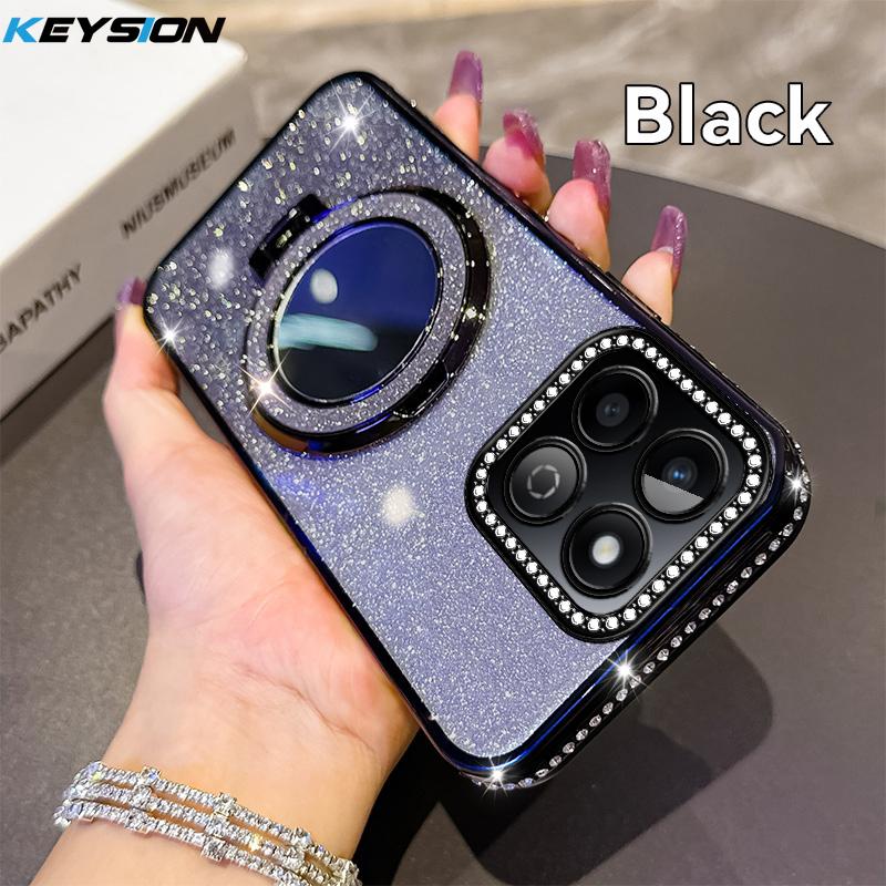 KEYSION Glitter Jewelled Magnetic Phone Case for HONOR X7c X8b X8A Makeup Mirror Stand Shockproof Cover for Honor 200 Smart 5G