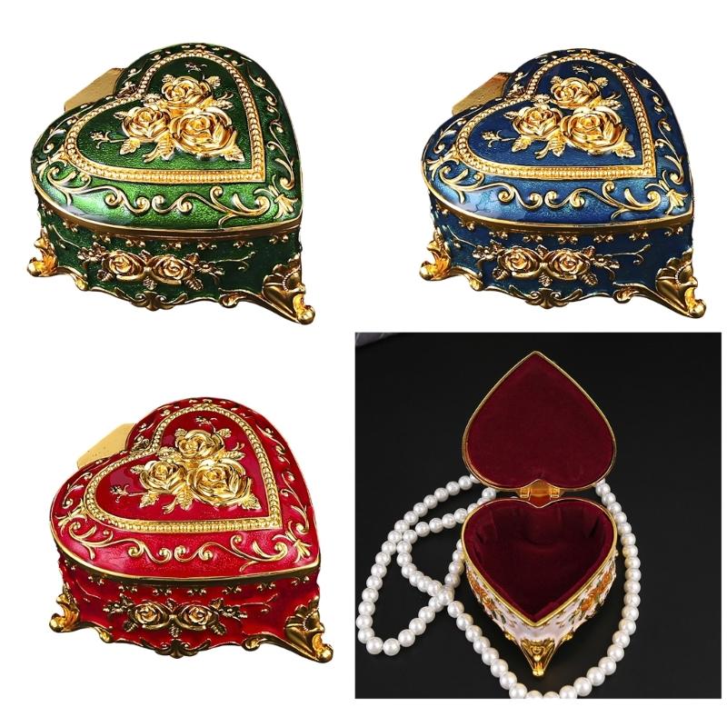 Heart Shaped Jewelry Box with Rose Embossed Lid, Zinc Alloy Storage Case for Vanity Display, Jewelry Storage and Gifts