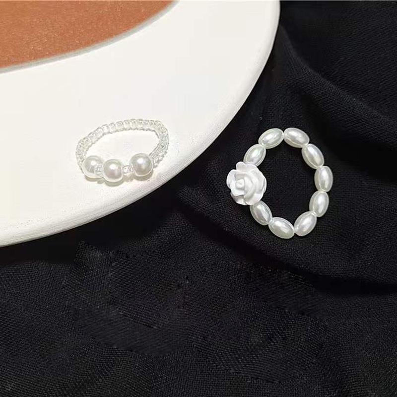 Camellia Faux Pearl Elastic Ring - Sweet, Versatile Handmade Beaded Flower Accessory