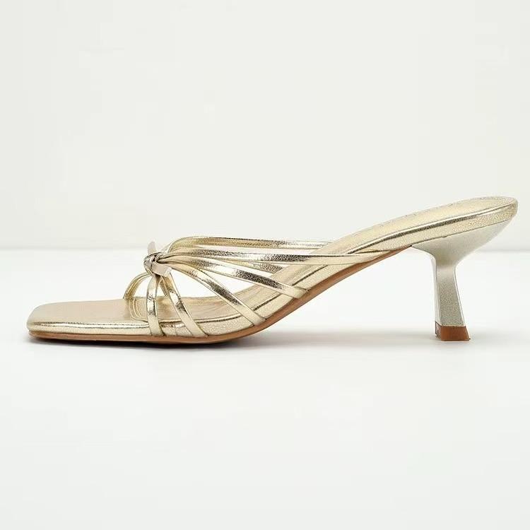 French gold high-heeled cool slippers for women's outerwear 2025 summer new temperament thousand gold thin straps medium heel open-toed sandals