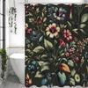 Blommig Duschdraperi, Blommor och Växter, Grön Bakgrund Badrumsdekoration Duschdraperi, Vattentätt Duschdraperi med Krokar