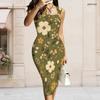 Women Plus Size Olive Green Floral Printed Asymmetric Ring Strap Sleeveless Bodycon Midi Dress