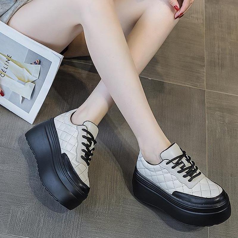 Fashion 8cm New Genuine Leather Sewing Women Platform Women Vulcanized Shoes Hidden Heels Spring Autumn Ladies Chunky Sneakers Fashion