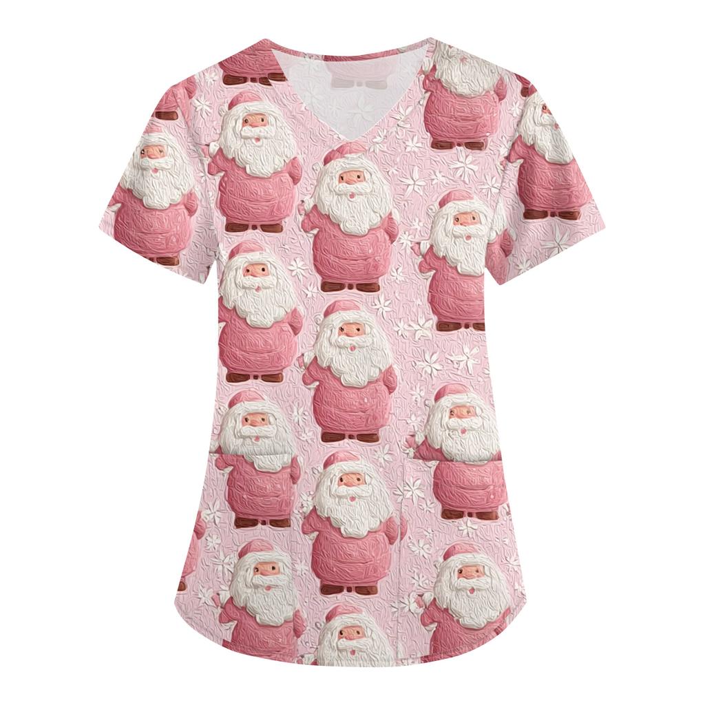 Women's Christmas Print Loose V-Neck Pocket Short-Sleeved Uniform