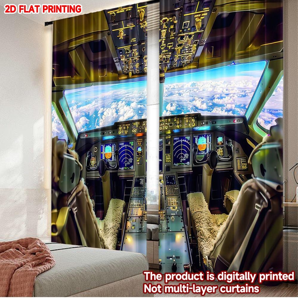 

Set Of 2 Modern Flat Printing Christmas Hot Curtains Airplane Cockpit View Digital Printed Polyester Drapes Family Party Curtain W100*H70(CM)-Hooks&1PCS