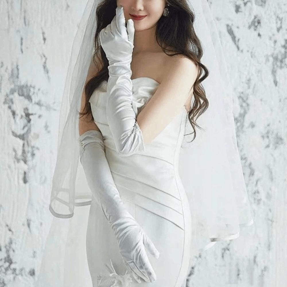 Full Finger Beaded Bridal Gloves Long Satin Gloves Sunscreen Wedding Gloves  Wedding