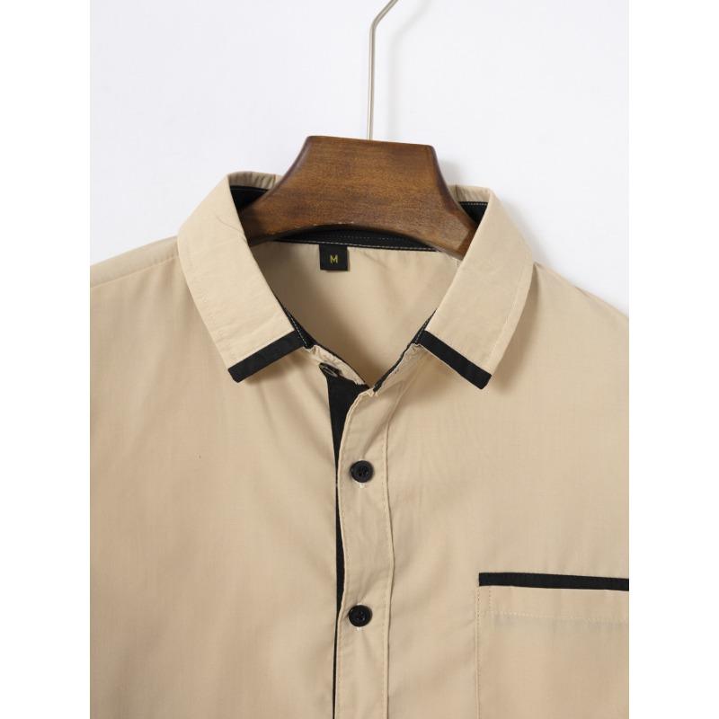 Mens Color Block Business Casual Long Sleeve Loose Fit Shirt