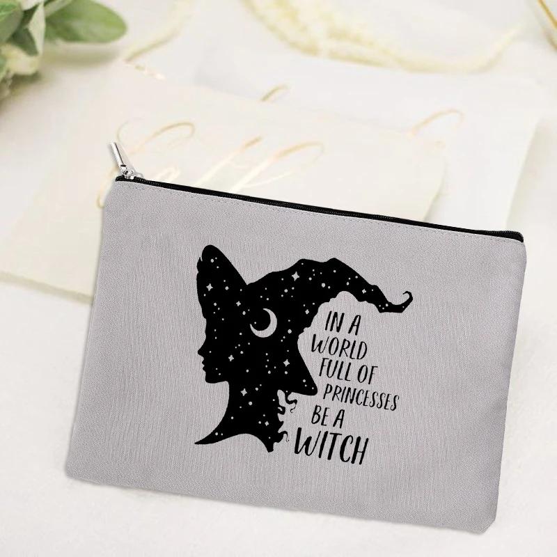 Witch Print Canvas Zipper Makeup Bag Witchcraft Women Travel Lipstick Bag Skincare Storage Organizer Pencil Case Cosmetics Bags