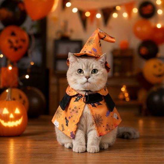 Jijijing 1 Set Halloween Pet Costume, Adjustable Wizard Hat And Cape, Cute Pumpkin Ghost Prints, Fun Outfit for Small Dogs Cats Festive Apparel