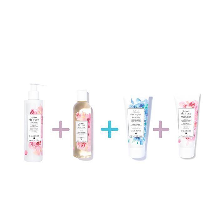 Lilaroze Paris Pack Lait Corps Extrait de rose + Eau Micellaire Extrait de rose + Creme Mains Extrait de fleur des Alpes + Masque Vi