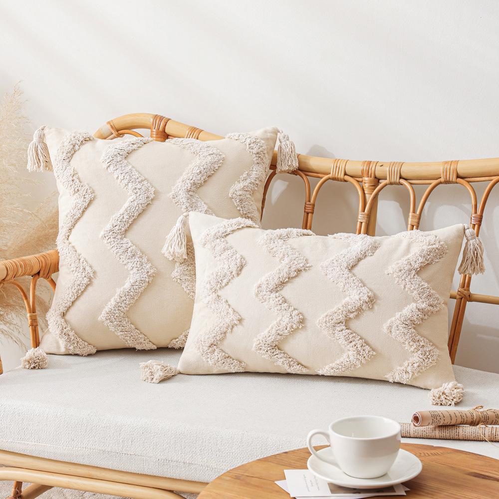 Wasabi Tufted Pillow Case Geometric Embroidered Tassel Sofa Cushion Case Bohemian Bathroom Windows Pillow Premium