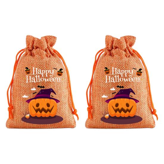 Handmade Style Party Bags 2Pcs Halloween Pumpkin Drawstring for Candy Treats, Retro Burlap Festival Totes Trick or Treat Bags, Portable Goodie