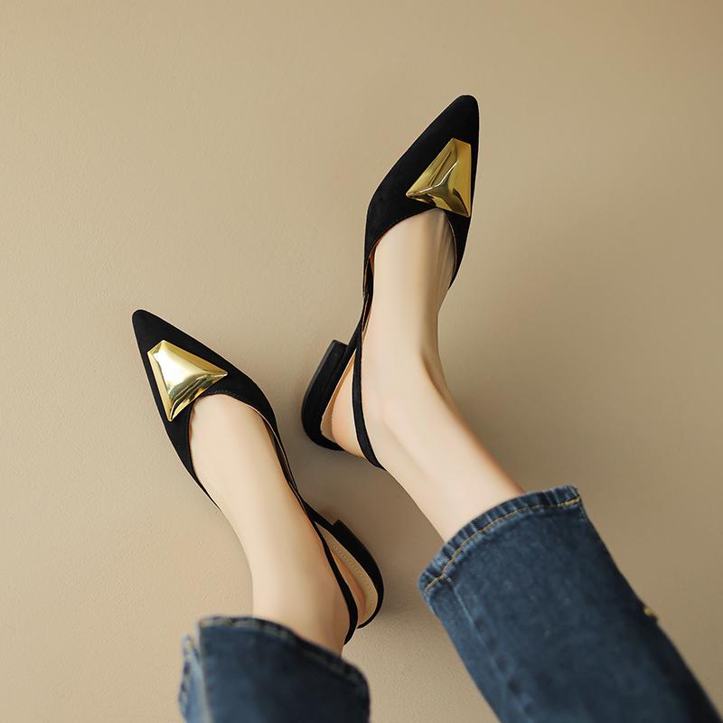 Mode NEU Sommer Damen Sandalen Zehenbedeckt Slingback Schuh Spaltleder Schuhe für Damen Spitzschuh Niedriger Absatz Schuhe Metall Schnalle Pantoletten