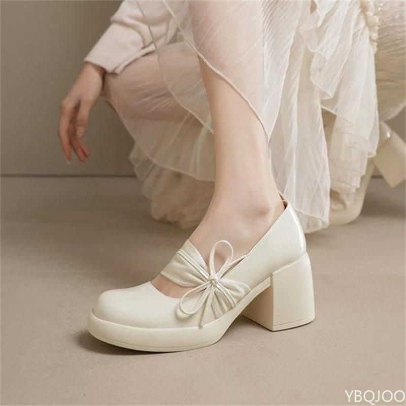 Women's Fashionable Versatile High Heels Spring Autumn Elegant Simple Women's Shoes Bow Thick Heels Shallow Mouth Shoes