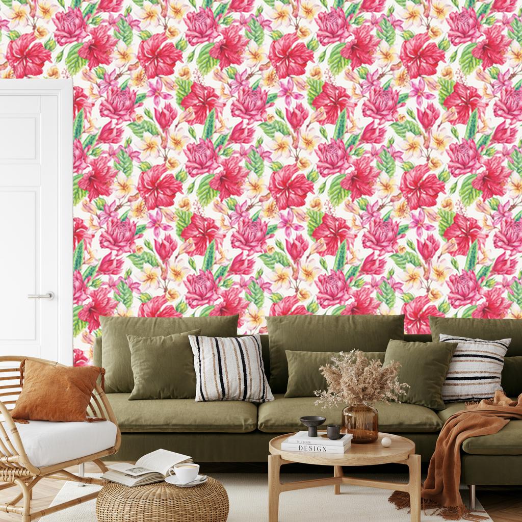 Wallpaper Colorful exotic flowers and leaves for living room and bedroom 50x1000