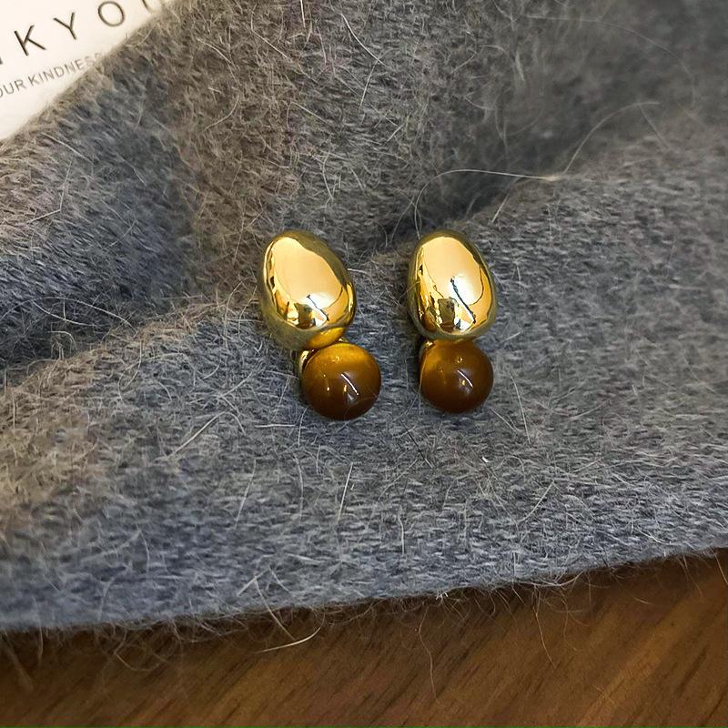 Silver Needle Maillard Irregular Oval Tiger's Eye Earrings Earrings Vintage Style Earrings Women