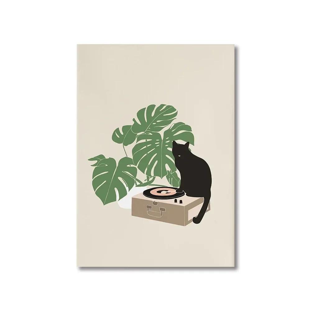 Abstrakte Süße Katze Tier Leinwanddrucke Elegantes Damenporträt Wandkunst Illustration Poster für Wohnzimmer Schlafzimmer & Heimdekoration