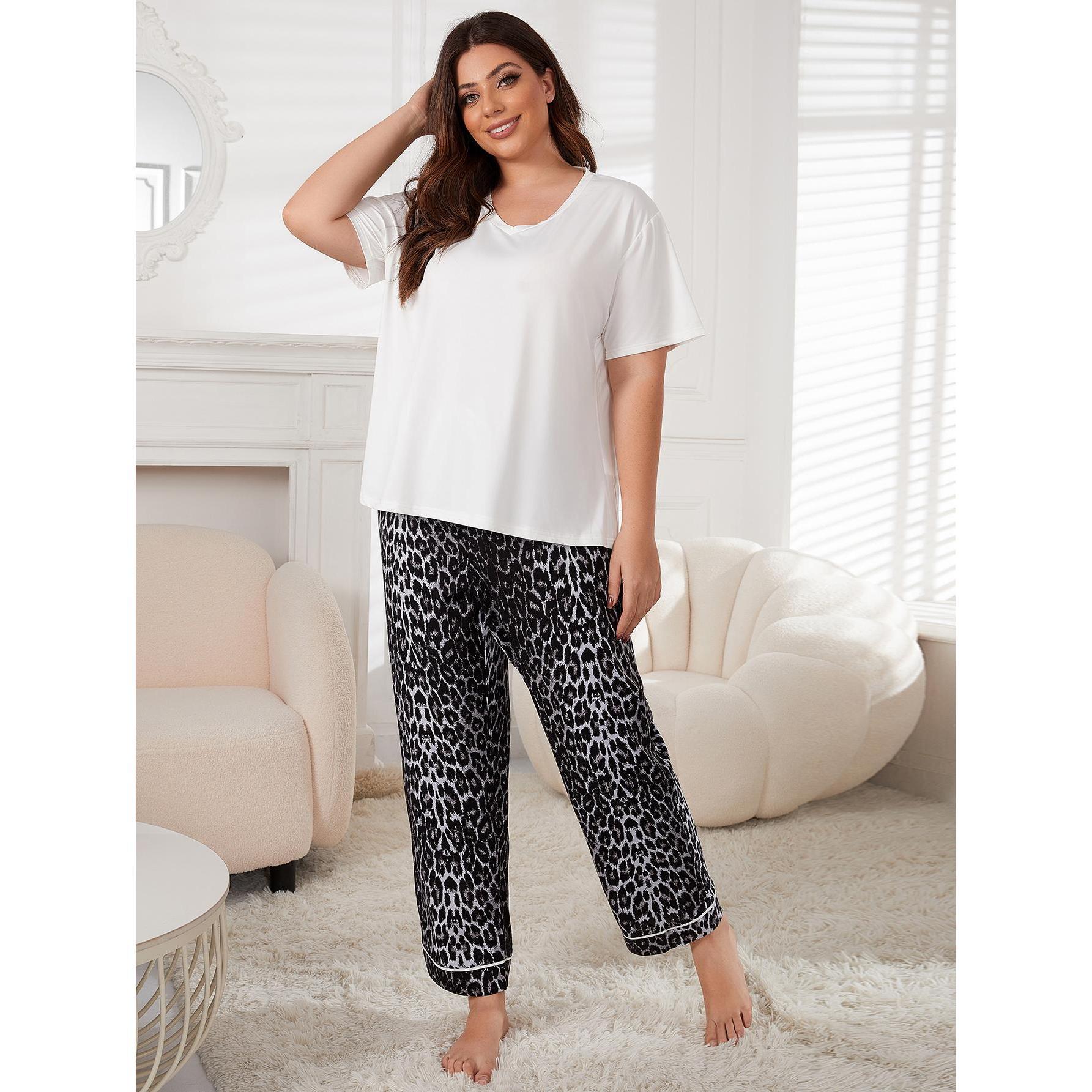 

Women s Plus Size Leopard Print Pajama Set - Summer Short Sleeve & Long Pants XXXXL