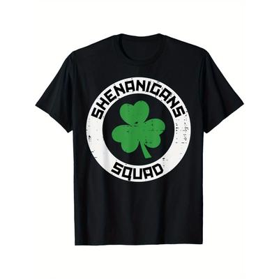 Men's T-Shirt - Black with Green Clover Design, Casual Cotton Short Sleeve Round Neck Tee
