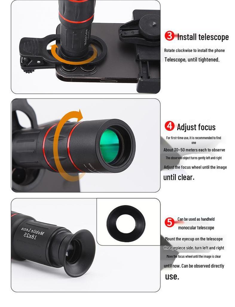18x Mobile Phone Telephoto Lens: HD Concert Photography Monocular Telescope.