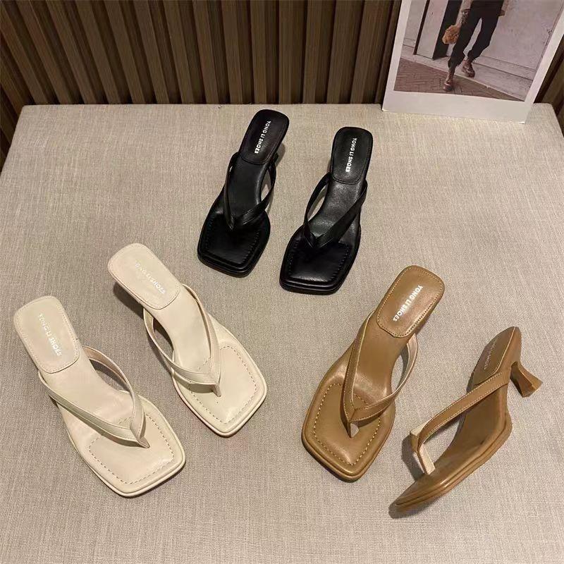 Women's Medium High Heel Slippers Summer People Slippers High Heels Fine Heel Clip Toe Shoes