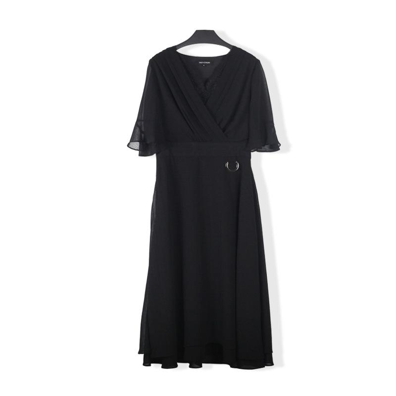 

Бренд Молодежное черное шифоновое платье А-силуэта с V-образным вырезом, рукавами-колокольчиками и кружевной отделкой 5XL чёрный