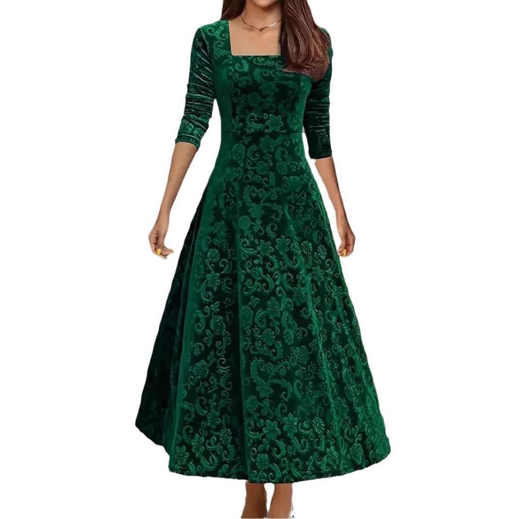 Elegant Embossed Long Sleeve Square Neck Dress - Women's Autumn/Winter Fashion