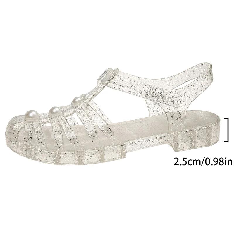

Fashion Vintage Closed Toe Platform Jelly Sandals Women Summer Pearl Decor Low Heels Rome Sandalias Mujer Non Slip Beach Sandles Woman 40