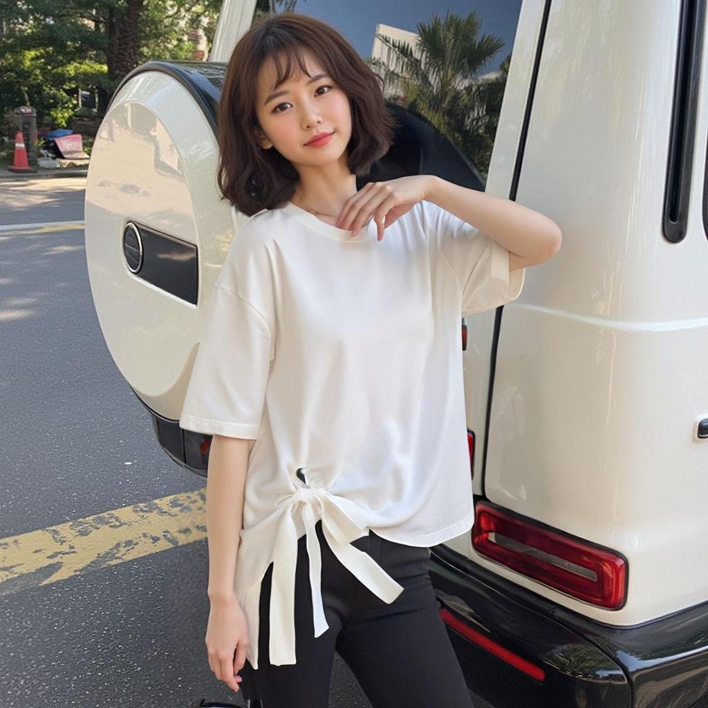 Plus Size Lace-Up Bow T-Shirt for Women - 2024 Summer Slimming Casual Top