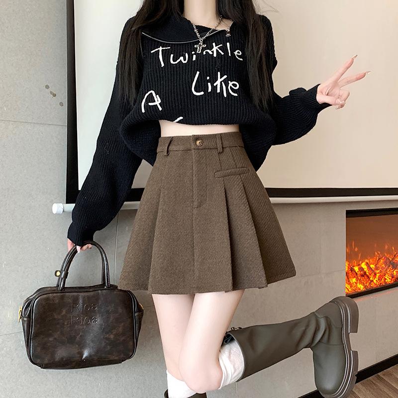 Damen Hochtaillierter Grauer Woll Karierter Plissierter Petite A-Linien Rock - Anti-Exposure, Schlankmachend, Herbst/Winter